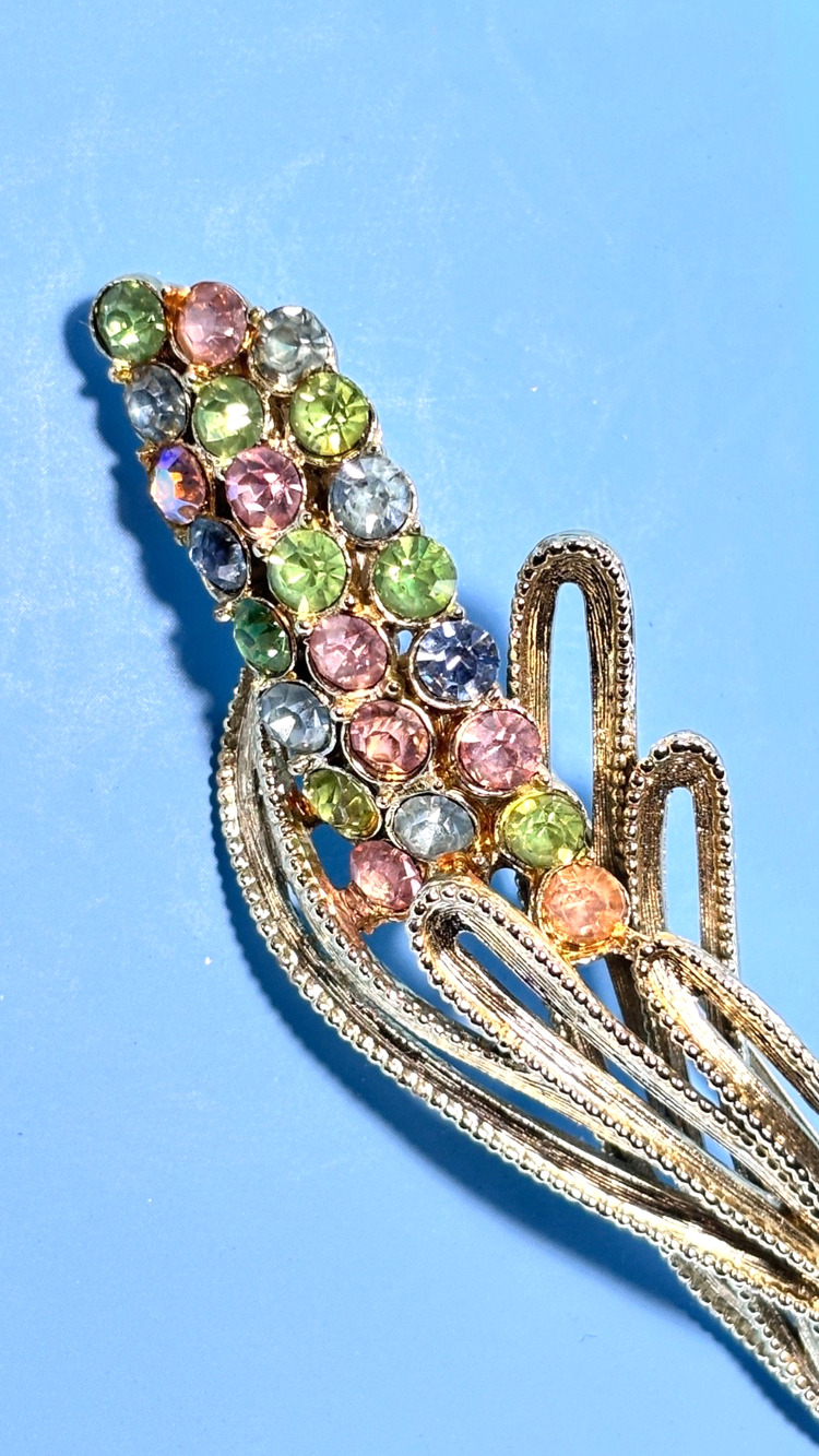 Vintage CORO Rhinestone Floral Spray Brooch | Pastel Stones | Gold Tone